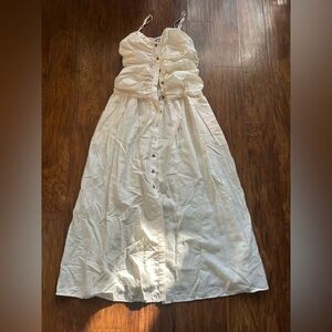 button-front sleeveless midi dress, ruched bodice with thin straps